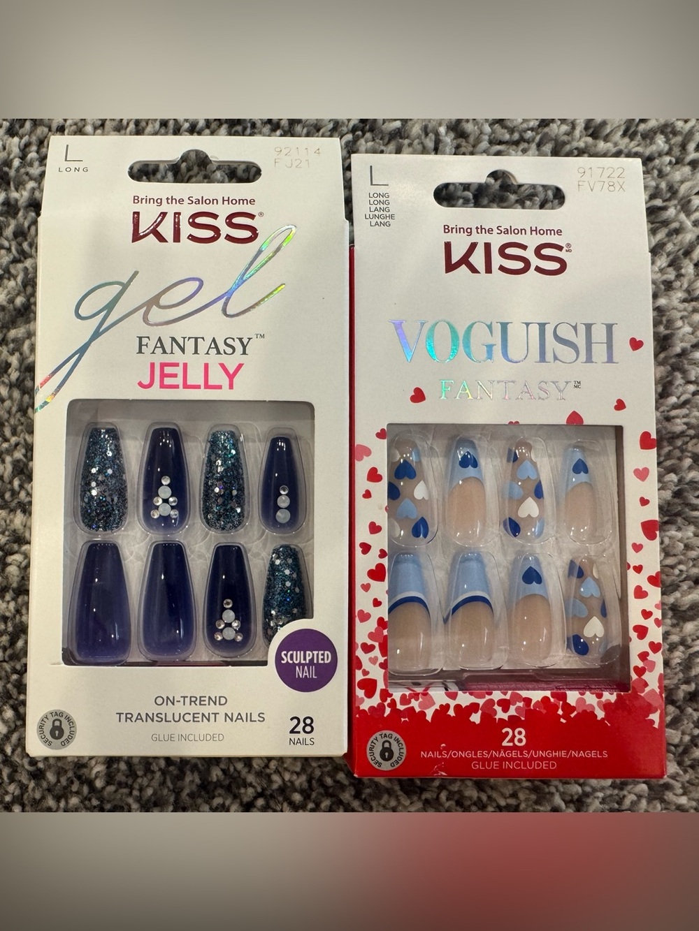 2 new sets of long KISS nails in blue cute designs